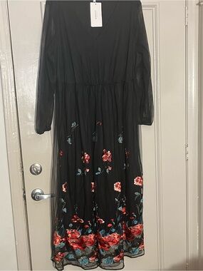 BloomChic Black Maxi Dress with Red and Blue Floral Embroidery